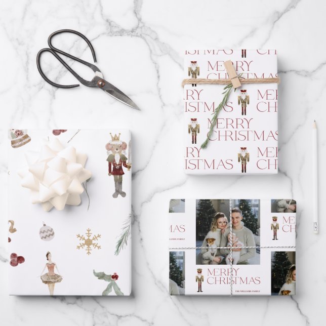 Moderner Nutcracker Frohe Weihnachts-Foto Urlaub Geschenkpapier Set (Vorderseite)
