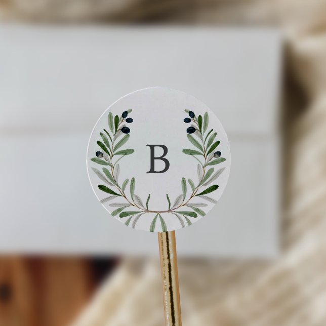 Moderner Olive Branch Monogram Wedding Umschlag Au Runder Aufkleber (Von Creator hochgeladen)