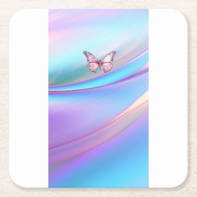 Moderner opaleszenter Pink Butterfly Paper Unterse Rechteckiger Pappuntersetzer (Vorderseite)