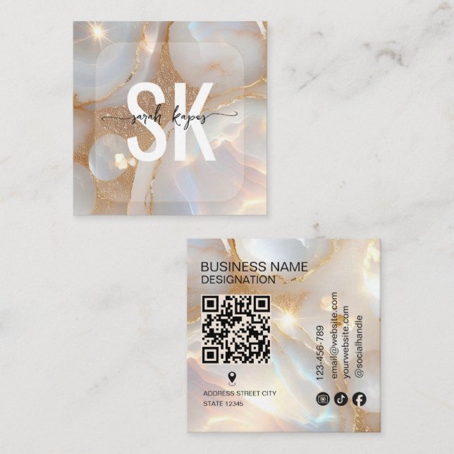 Moderner Opalstein-Monogramm-QR-Code Quadratische Visitenkarte (Vorne/Hinten)