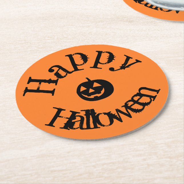 Moderner Orange Happy Halloween Pumpkin Runder Pappuntersetzer (Angewinkelt)