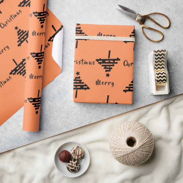 Moderner Orange Schwarzer Weihnachtsbaum Muster Ur Geschenkpapier (Kunsthandwerk)