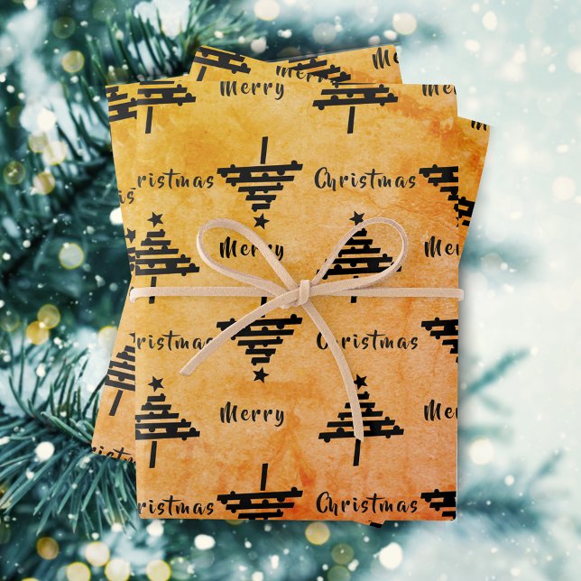 Moderner Orange Schwarzer Weihnachtsbaum Muster Ur Geschenkpapier Set (Von Creator hochgeladen)