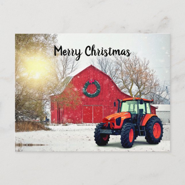 Moderner Orange Traktor in Barnyard Weihnachten Postkarte (Vorderseite)