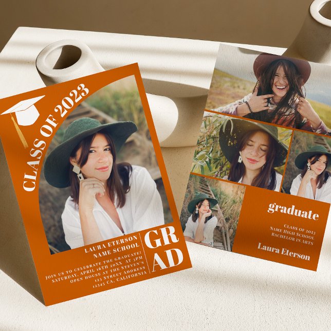 Moderner orangefarbener 5 Foto Abschluss Einladung (Von Creator hochgeladen)