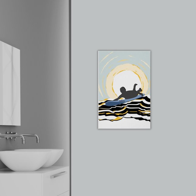 Moderner Paddelsurfer auf sonnigen Plakaten Poster (Paddling Surfer at Sunset, Blue and Black Wall Art - Bathroom)