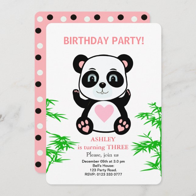 Moderner Panda Bären Kindergeburtstag Einladung (Vorne/Hinten)