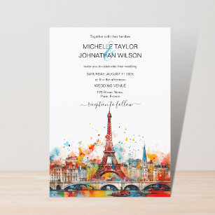 Moderner Pariser Eiffelturm Hochzeit in Urlaubsort Einladung