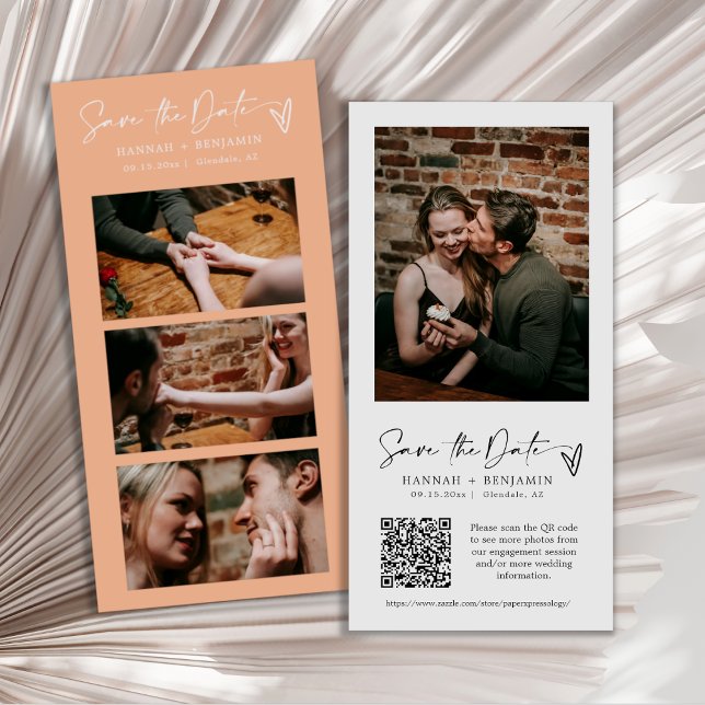 Moderner Peach Foto Booth Strip QR Code Save The Date (Von Creator hochgeladen)
