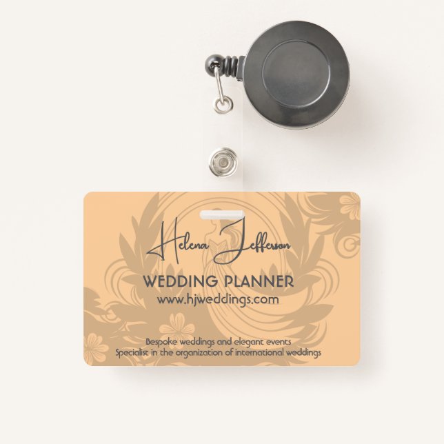 Moderner Peach Motif Logo Hochzeitsplaner Ausweis (Vorderseite mit Rechteck)