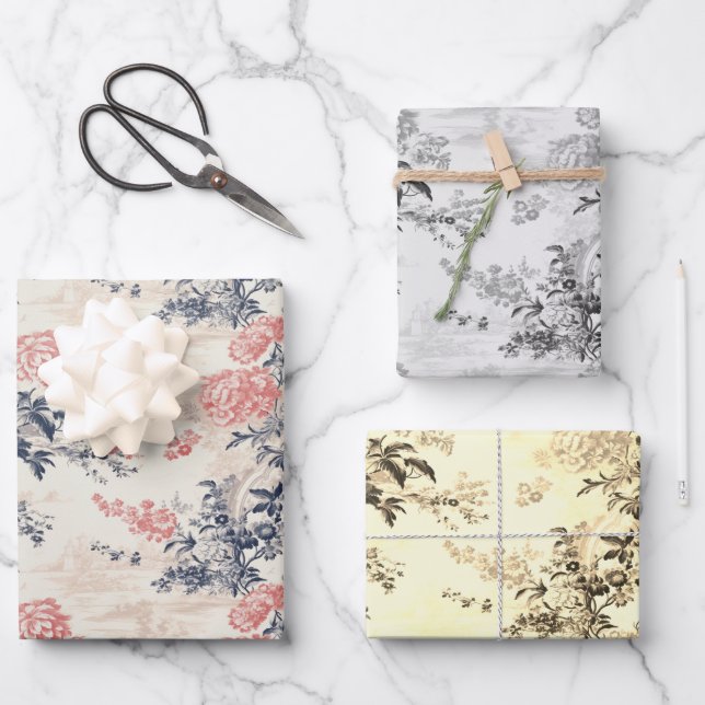 Moderner Peoney Blauleng Toile de Jouy Pattern Geschenkpapier Set (Vorderseite)