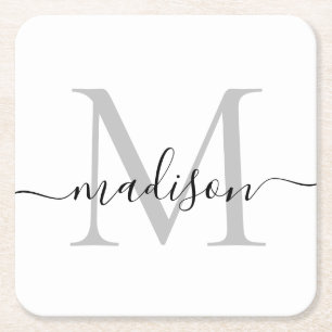 Moderner Personalisiert-grauer Monogram-Skriptname Rechteckiger Pappuntersetzer