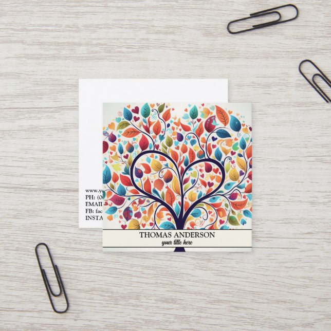 Moderner Personalisierter Baum des Lebens - farben Quadratische Visitenkarte (Vorderseite/Rückseite Beispiel)