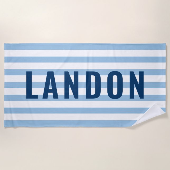 Moderner Personalisierter Name Navy Blue Striping Strandtuch (Vorderseite)