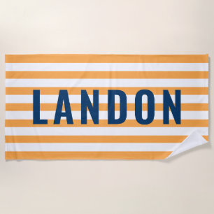 Moderner Personalisierter Name Navy Orange Striche Strandtuch