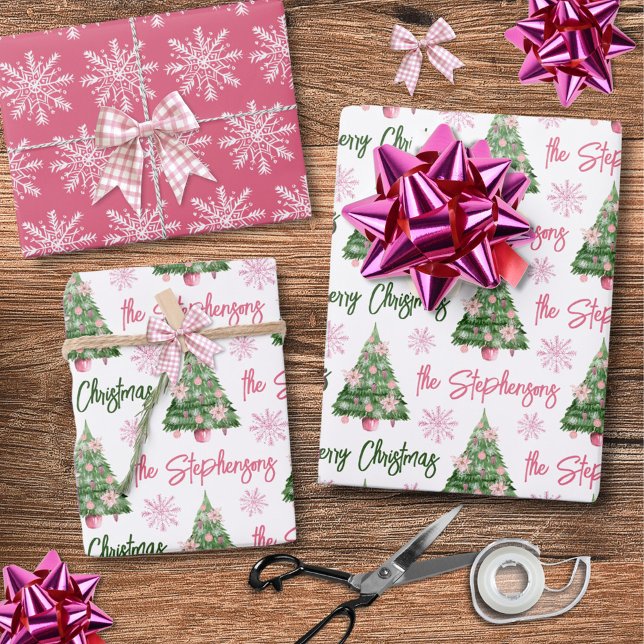 Moderner Personalisierter Weihnachtsbaum Pink Geschenkpapier Set (Von Creator hochgeladen)
