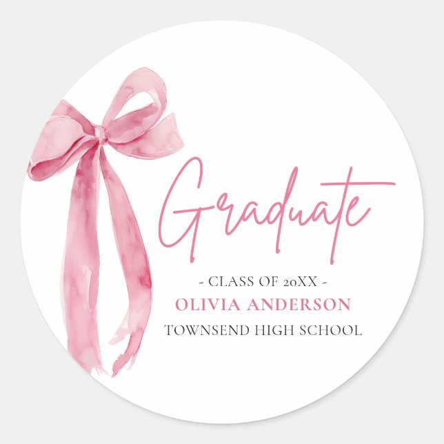 Moderner Pink Bow Coquette Graduate Abschluss Runder Aufkleber (Vorderseite)