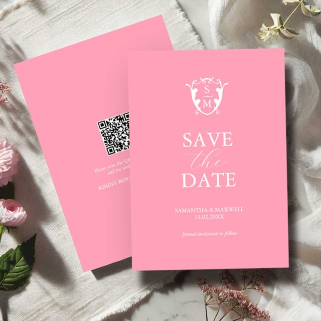 Moderner Pink-Minimal Save the Date (Monogrammed save the date wedding invitation with QR-code )