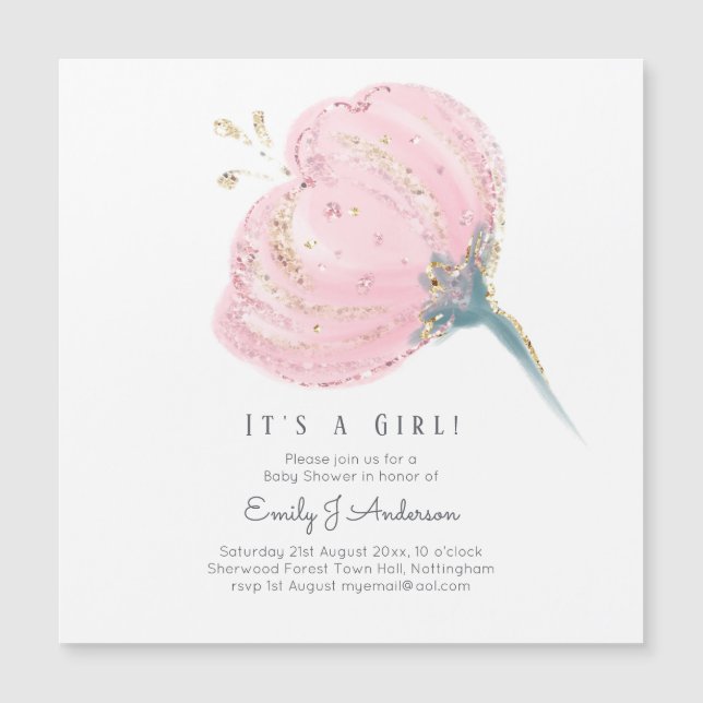 Moderner Pink Rose Glitzer mit Girl Baby Dusche Magnetkarte (Vorderseite)