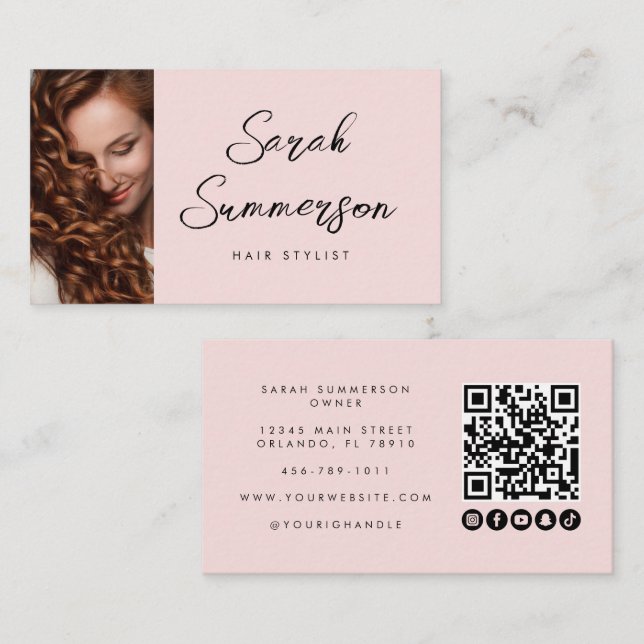 Moderner Pink-Schwarzer-Schrift-QR-Code-Friseur Visitenkarte (Vorne/Hinten)