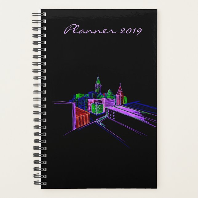 Moderner Planer 2019 Black Vibrant City Art (Vorderseite)