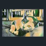 Moderner Pop Art Calico Kitty für Katzen Poster<br><div class="desc">Dies ist eine moderne Pop Art digitale Illustration einer calico Katze entspannen auf einem Kissen vor einigen Fenstern. Es wird in einem Comic-Buchstil mit gedämpften Farbtönen gelb, grün und grau gemacht.</div>