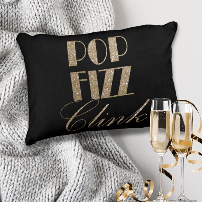 Moderner Pop aus Gold und Schwarz-Party Fizz Clink Dekokissen (Modern Gold and Black Party Pop Fizz Clink Accent Pillow)