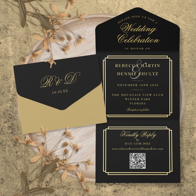 Moderner QR Code Art Deco Monogram Wedding Foil All-in-One-Einladung (Modern QR Code Art Deco Monogram Wedding Foil All In One Invitation)