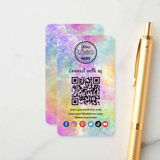 Moderner QR Code Connect mit uns Holo Opal stilvol Begleitkarte (Vorderseite/Rückseite Beispiel)