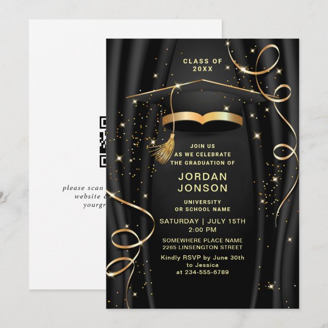 Moderner QR-Code der Golden Black Graduation Party Einladung (Vorne/Hinten)