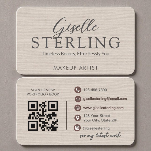 Moderner QR-Code Elegante Leinen-Schrift  Visitenkarte (Von Creator hochgeladen)