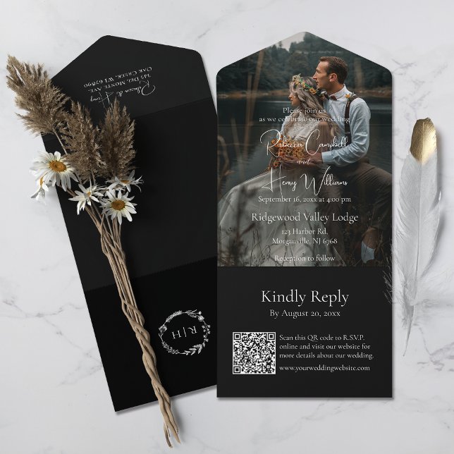 Moderner QR-Code | FOTO | Monografische Hochzeit All In One Einladung (Save money and time. This all-in-one invitation includes a QR code for guests to  easily RSVP online)