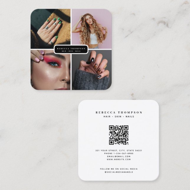 Moderner QR-Code für 4 Foto Hair Skin Nail Salon Quadratische Visitenkarte (Vorne/Hinten)