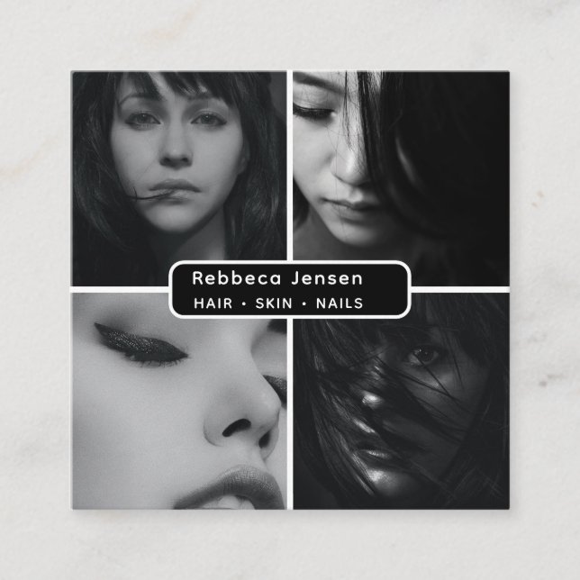 Moderner QR-Code für 4 Foto Hair Skin Nail Salon Quadratische Visitenkarte (Vorderseite)