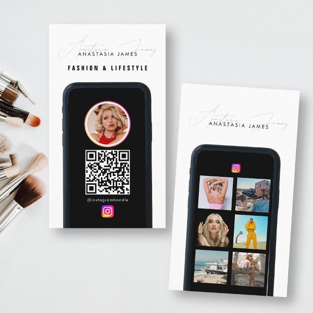 Moderner QR-Code für 6 Foto Gefüttert Grid Social  Visitenkarte (Modern 6 Photo Feed Grid Social Media QR Code Business Card)