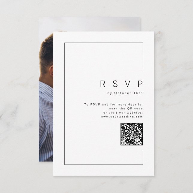 Moderner QR-Code für Hochzeit von Fotos mit minima RSVP Karte (Vorne/Hinten)