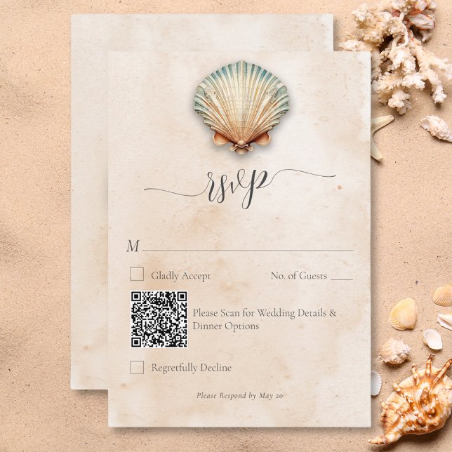 Moderner QR-Code für Küstenseeschellen und Hochzei RSVP Karte (Modern Coastal Seashell Sand Wedding QR Code RSVP Card)