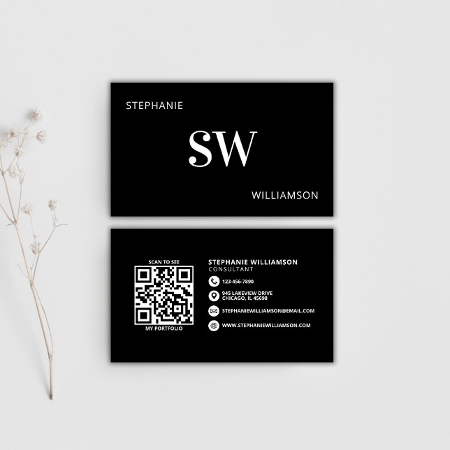 Moderner QR-Code für Monogramm Minimal Schwarz/Wei Visitenkarte (Von Creator hochgeladen)