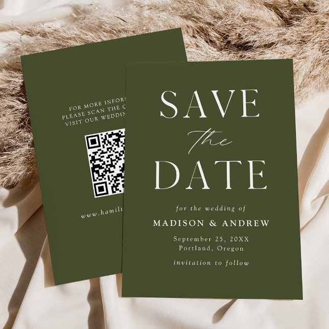 Moderner QR-Code für Olive Green Save The Date (Von Creator hochgeladen)