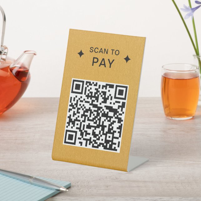 Moderner QR-Code für Restaurants, die Gold bezahle Sockelschild (In SItu)