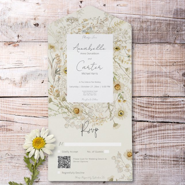 Moderner QR-Code für rustikal getrocknete Milchpro All In One Einladung (Modern Rustic Dried Daisies Floral QR Code All In One Invitation)