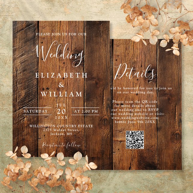 Moderner QR-Code für rustikales Barnholz Einladung (Modern Rustic Barn Wood Wedding QR Code Invitation)