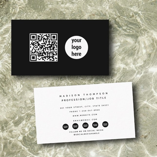 Moderner QR-Code für Social Media-Logos für Schwar Visitenkarte (Modern Black Business Logo Social Media QR Code Business Card)