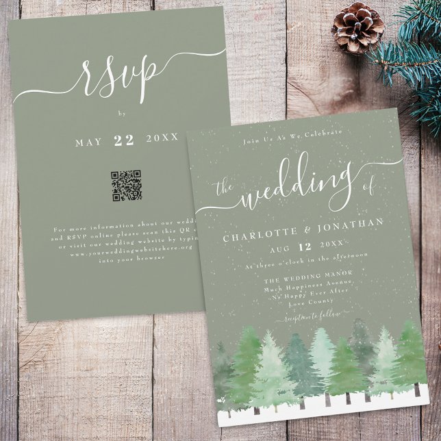 Moderner QR-Code für Winterwaldstätte Grüne Hochze Einladung (Winter Woodland forest watercolor sage green and white wedding qr code invitation Elegant script)