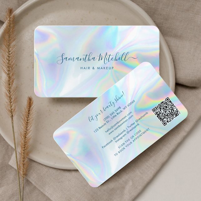 Moderner QR Code Holographic Hair Salon Eigentümer Visitenkarte (QR Code Holographic Makeup and Hair Script Business Card)