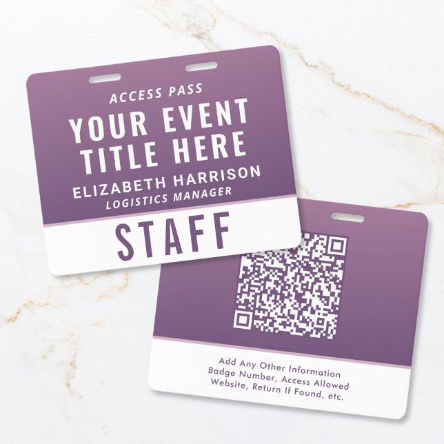 Moderner QR-Code Lila Ereignis-Zugangs-ID-Ausweis Ausweis (Modern QR Code Purple Event Access ID Badge)