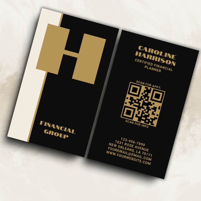 Moderner QR-Code Minimal Schwarzes Monogramm Verti Visitenkarte (Fully customizable to fit your business branding.)