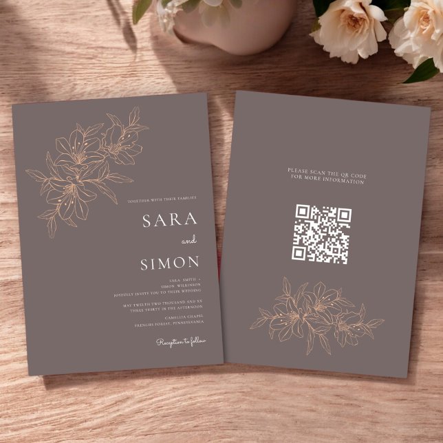 Moderner qr Code rustikale pfirsichblütenförmig Ei Einladung (modern rustic peach floral wedding invitation with qr code for your wedding website )