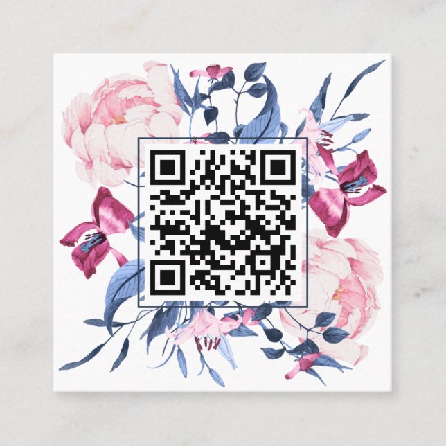 Moderner QR-Code Wasserfarbe Blau Rosa Elegant Quadratische Visitenkarte (Vorderseite)