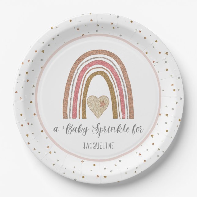 Moderner Rainbow Glitzer Pink Gold Baby Sprinkle Pappteller (Vorderseite)